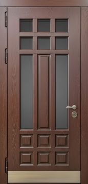 Входная уличная термодверь со шпонированными панелями МДФ, остеклением и отбойником Входная уличная термодверь со шпонированными панелями МДФ, остеклением и отбойником