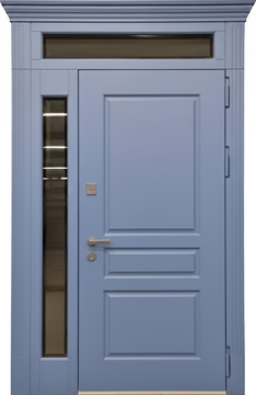 Входная утепленная термодверь с неподвижными остекленными вставками, карнизом и отделкой МДФ с покраской эмалью Входная утепленная термодверь с неподвижными остекленными вставками, карнизом и отделкой МДФ с покраской эмалью