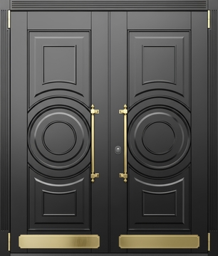 Металлическая равностворчатая коттеджная термодверь с отбойниками и черными панелями МДФ Металлическая равностворчатая коттеджная термодверь с отбойниками и черными панелями МДФ