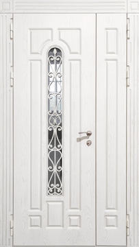 Металлическая полуторастворчатая термодверь с узким стеклом, ковкой и белыми фрезерованными панелями МДФ Металлическая полуторастворчатая термодверь с узким стеклом, ковкой и белыми фрезерованными панелями МДФ
