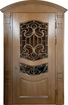 Металлическая термодверь с панелями МДФ шпон, с остеклением и ковкой Металлическая термодверь с панелями МДФ шпон, с остеклением и ковкой