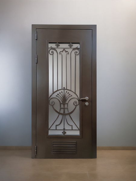 Порошковая металлическая дверь с остеклением и решеткой Порошковая металлическая дверь с остеклением и решеткой