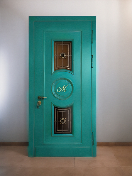 Парадная дверь с МДФ багетный рисунок, кованая решетка и окрас по RAL Парадная дверь с МДФ багетный рисунок, кованая решетка и окрас по RAL