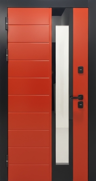 Стальная термодверь с оранжевыми панелями МДФ (RAL 2017), черными наличниками и удлиненным стеклопакетом Стальная термодверь с оранжевыми панелями МДФ (RAL 2017), черными наличниками и удлиненным стеклопакетом